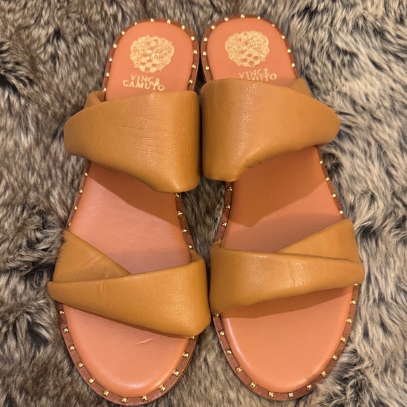 Vince Camuto Shoes - Vince Camuto Tan Leather Crossover Slide Sandals with Gold Stud Trim